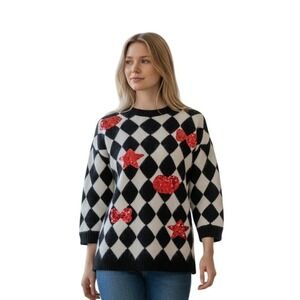Vintage Kroshetta Angora Wool Harlequin Sequin Sweater M Black White Red Hearts